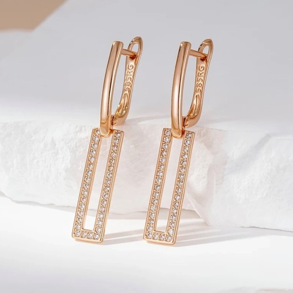 NEW Rose Gold CZ Geometric Drop Earrings - Picture 2 of 6